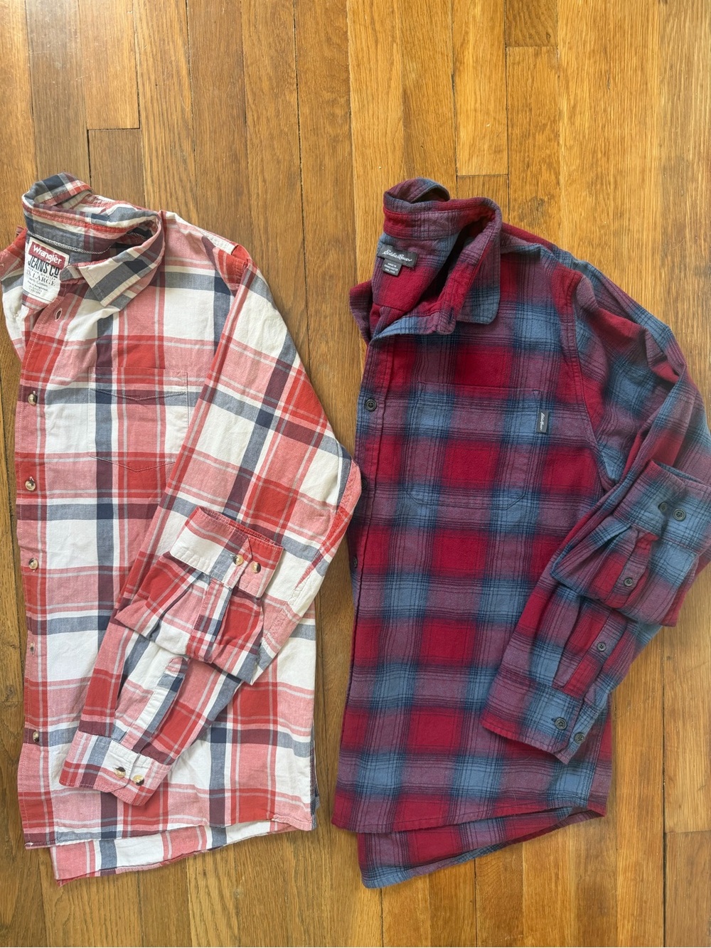 Men's Plaid Flannel Long Sleeve Shirt Bundle- Eddie Bauer & Wrangler Button Up